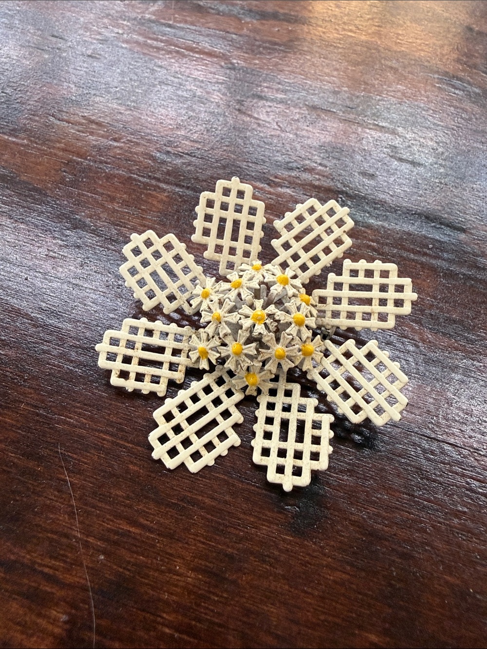 VTG Ivory Floral Filigree / Lattice Brooch with Yellow Accents